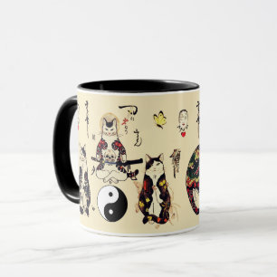 SAMURAI CATS IN SKULL,SKELETON,BUTTERFLY TATTOOS  MUG