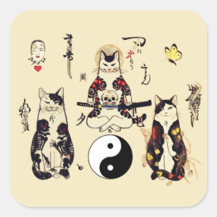 SAMURAI CATS IN SKULL,SKELETON,BUTTERFLY TATTOOS  SQUARE STICKER