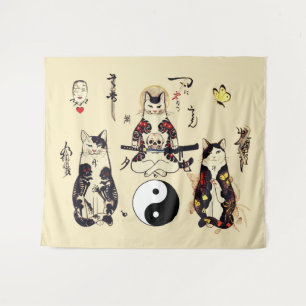 SAMURAI CATS IN SKULL,SKELETON,BUTTERFLY TATTOOS  TAPESTRY