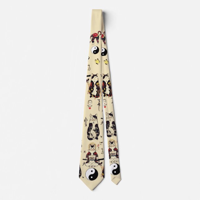 SAMURAI CATS IN SKULL,SKELETON,BUTTERFLY TATTOOS  TIE (Front)