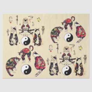 SAMURAI CATS IN SKULL,SKELETON,BUTTERFLY TATTOOS TISSUE PAPER