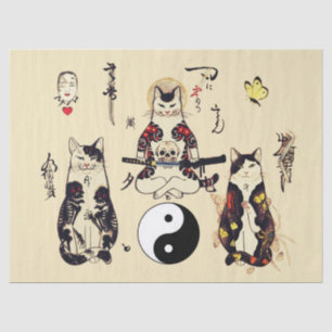 SAMURAI CATS IN SKULL,SKELETON,BUTTERFLY TATTOOS TISSUE PAPER