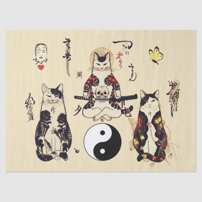 SAMURAI CATS IN SKULL,SKELETON,BUTTERFLY TATTOOS  TISSUE PAPER (Front)