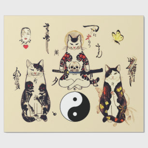 SAMURAI CATS IN SKULL,SKELETON,BUTTERFLY TATTOOS  WRAPPING PAPER
