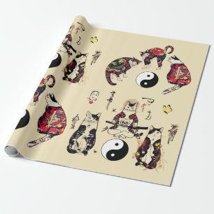 SAMURAI CATS IN SKULL,SKELETON,BUTTERFLY TATTOOS  WRAPPING PAPER