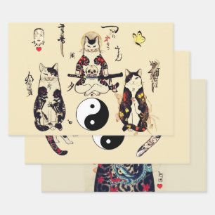 SAMURAI CATS IN SKULL,SKELETON,BUTTERFLY TATTOOS WRAPPING PAPER SHEET