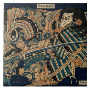 SAMURAI COMBAT WITH KATANA SWORDS by Hokusai Tile