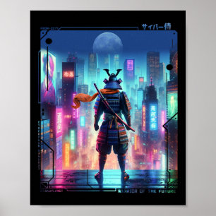 Samurai Electric Pole In Japanese Retro Cyberpunk Poster