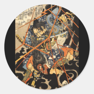 Samurai fighting large monster, circa 1800's classic round sticker
