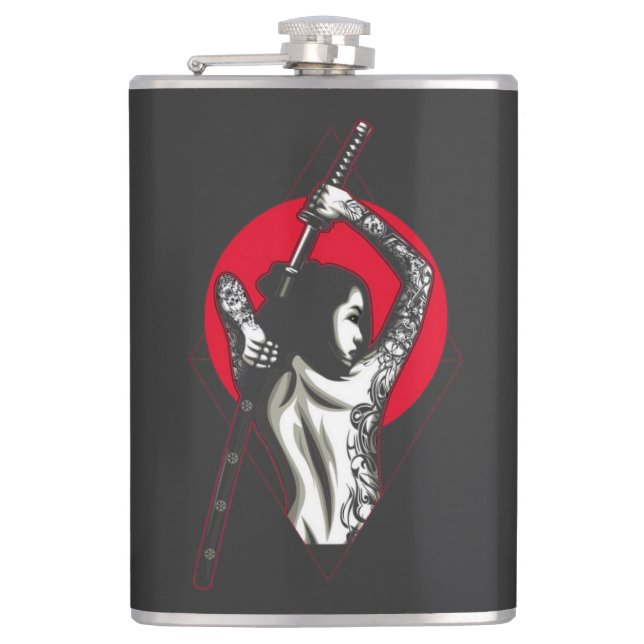 Samurai girl illustration   hip flask (Front)