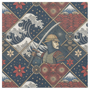 Samurai & Great Wave Traditional Japanese Pattern Fabric