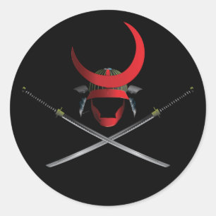 Samurai Helmet and Swords Classic Round Sticker
