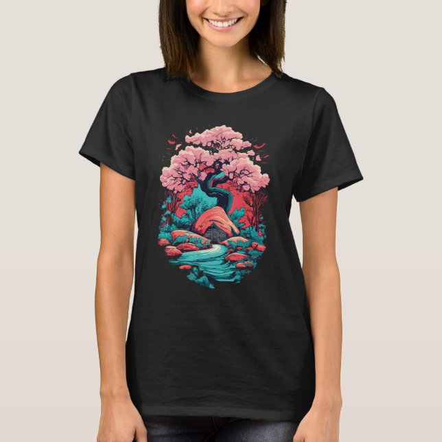 Samurai Japanese Art Cherry Blossom Sakura Graphic T-Shirt (Front)