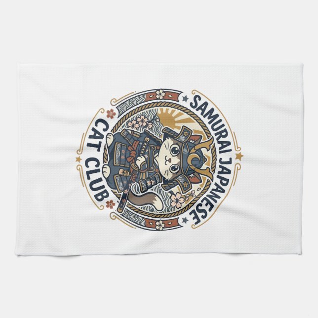 Samurai Japanese Cat POD Vector Art - Samurai Japa Tea Towel (Horizontal)