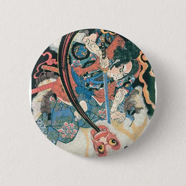 Samurai Killing a Demon, Ancient Japanese Painting 6 Cm Round Badge (Front)