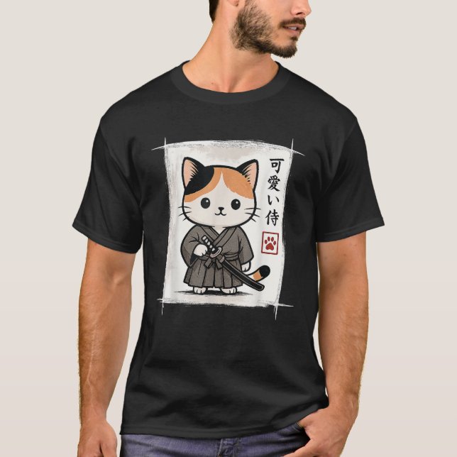 Samurai Kitten Japanese Anime Kawaii Funny Cat Men T-Shirt (Front)