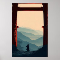 Samurai Mountain Poster Lone Swordsman, Torii