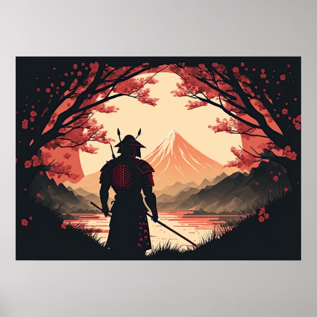 Samurai & Mt. Fuji | Moon & Cherry Blossoms Ai Art Poster (Front)