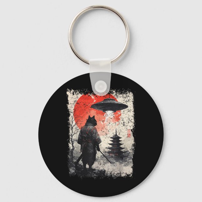 Samurai Ninja Cat Warrior Sumi-e Ufo Ukiyo-e Sci F Key Ring (Front)