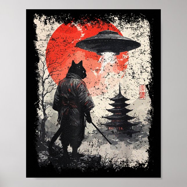 Samurai Ninja Cat Warrior Sumi-e Ufo Ukiyo-e Sci F Poster (Front)