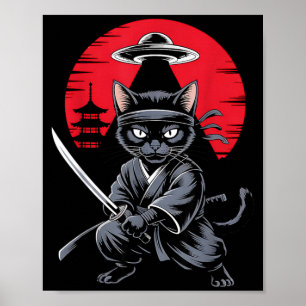 Samurai Ninja Cat Warrior UFO Japanese Anime Funny Poster