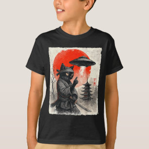 Samurai Ninja Cat Warrior UFO Japanese Anime Funny T-Shirt