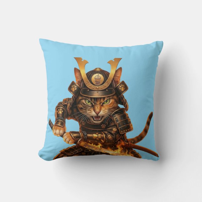 Samurai Orange Cat - Japanese Art Throw Pillow (Front)