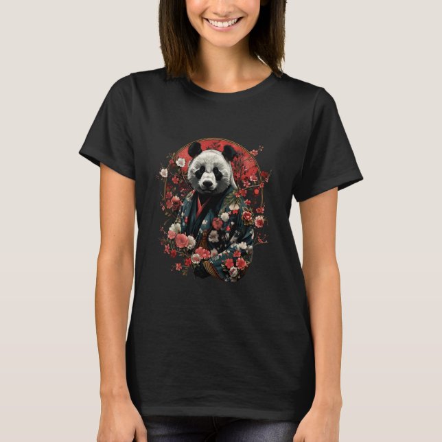 Samurai Panda Sakura Tree Japanese Warrior Drawing T-Shirt (Front)