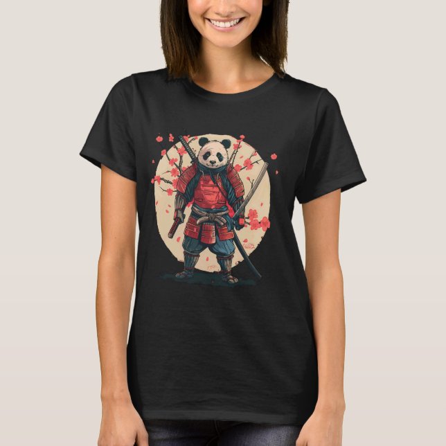 Samurai Panda Sakura Tree Japanese Warrior Drawing T-Shirt (Front)
