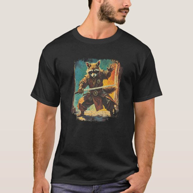 Samurai Raccoon Japanese Sumi e Art Kawaii Funny N T-Shirt (Front)