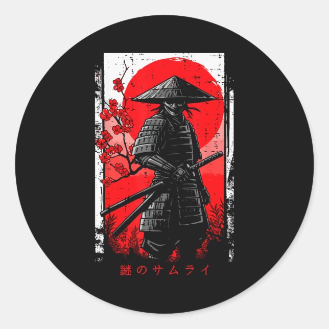 Samurai Red Sun Cherry Blossoms Japanese Art Men W Classic Round Sticker (Front)