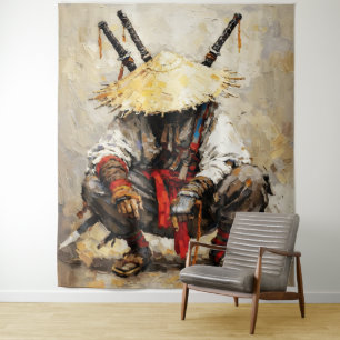 Samurai Resting Palette Knife Orange Impasto Tapestry