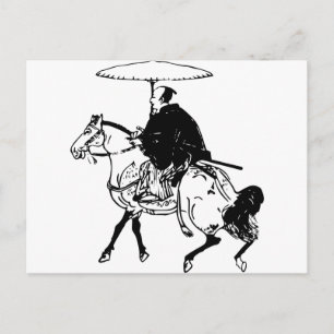 Samurai Riding a Horse with Umbrella, Black Line Postcard
