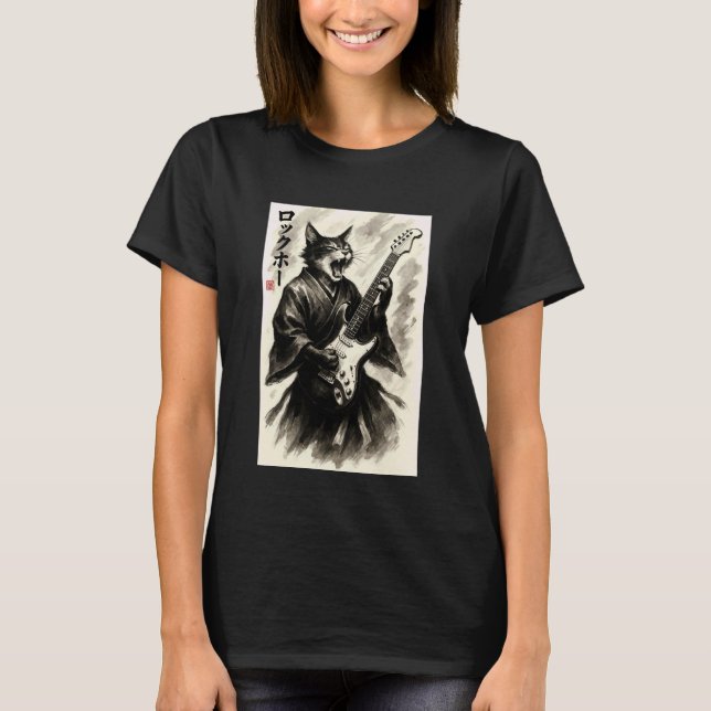 Samurai Rock Cat Japanese Ink Guitar Tee (Front)