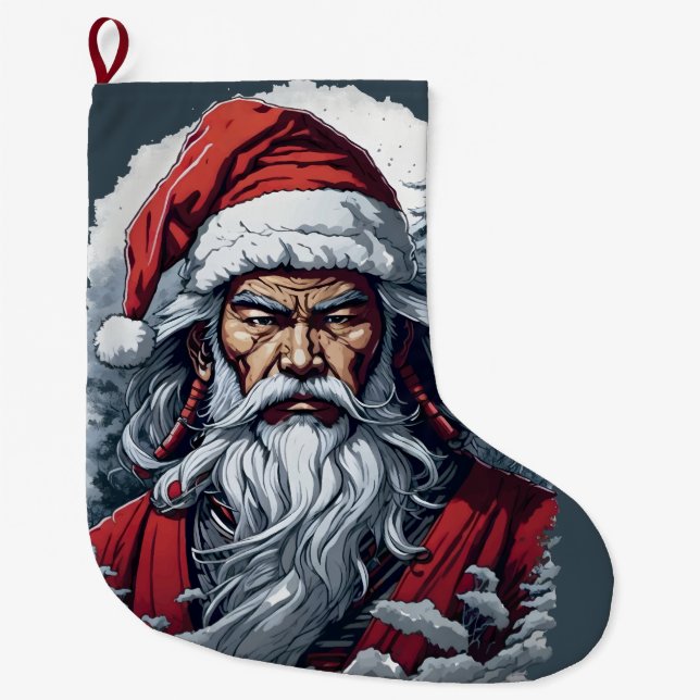 Samurai Santa Warrior Christmas Art Gift  Large Christmas Stocking (Front)