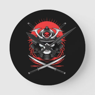 Samurai Skull Rising Sun Warrior Art Round Clock