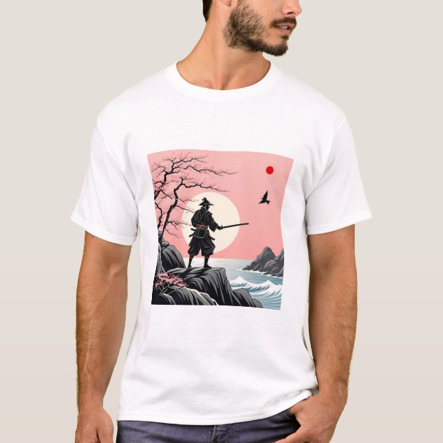 Samurai Sunset Design - Ukiyo-e Cherry Blossom Art T-Shirt (Front)