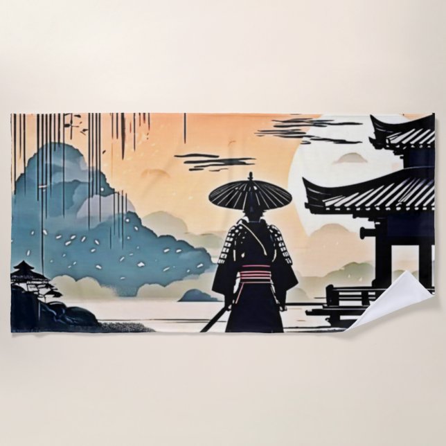 Samurai Sunset: Reflective Journey Beach Towel (Front)