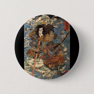 Samurai surfing on the backs of crabs c. 1800's 6 cm round badge