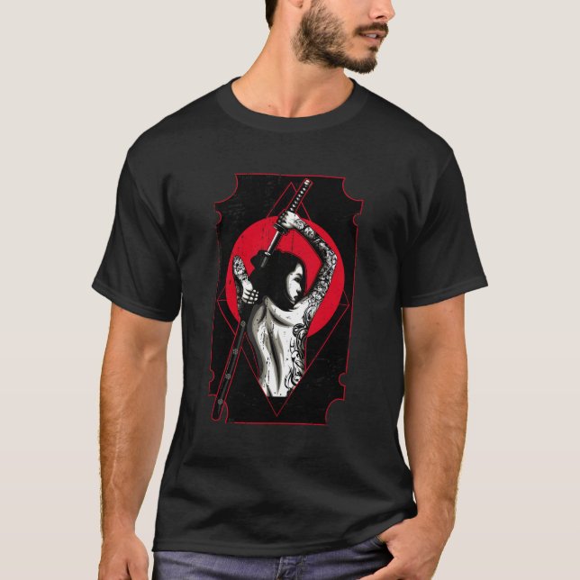 Samurai Sword Girl Distressed Japanese Style T-Shirt (Front)