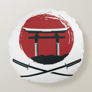 Samurai sword icon with Torii gate cartoon vintage Round Cushion