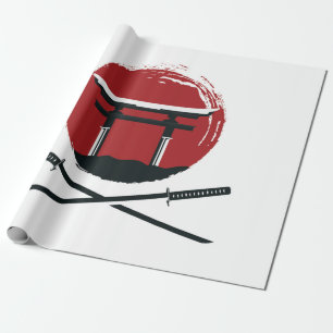 Samurai sword icon with Torii gate cartoon vintage Wrapping Paper