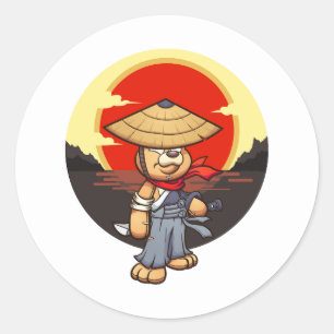 samurai teddy bear character with sunset classic round sticker