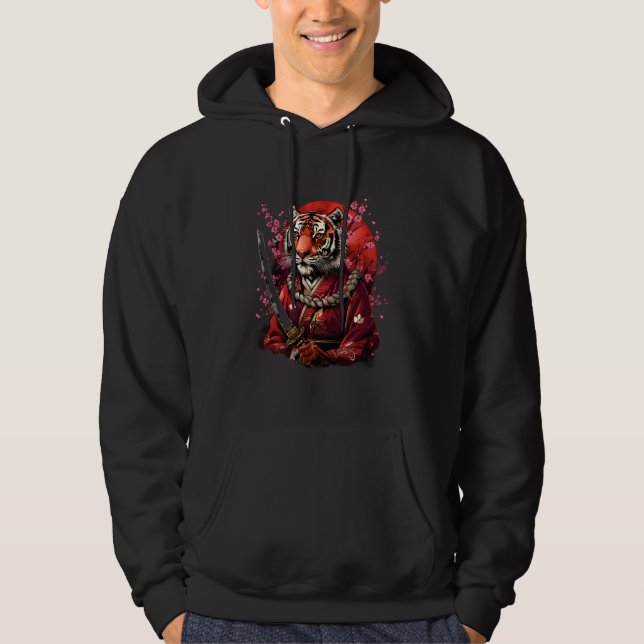 Samurai Tiger Anime Artwork Sakura Tree Japanese N Hoodie (Front)