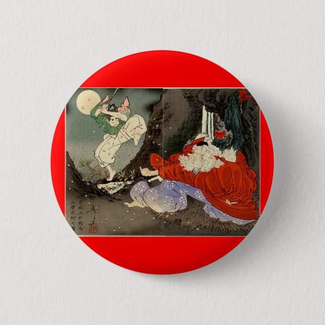 Samurai training with Tengu, Circa 1800's 6 Cm Round Badge (Front)