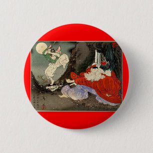 Samurai training with Tengu, Circa 1800's 6 Cm Round Badge