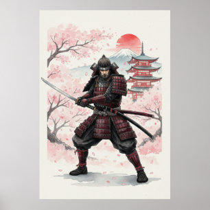 Samurai Under Cherry Blossom Sunset Poster