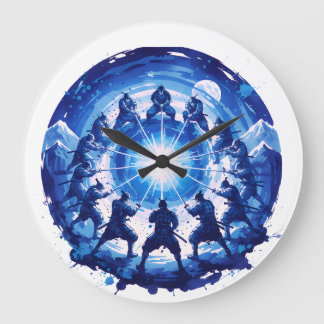 Samurai Unity Japanese Blue Ink Art Circular Large Clock