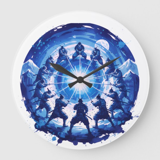 Samurai Unity Japanese Blue Ink Art Circular Large Clock (Front)
