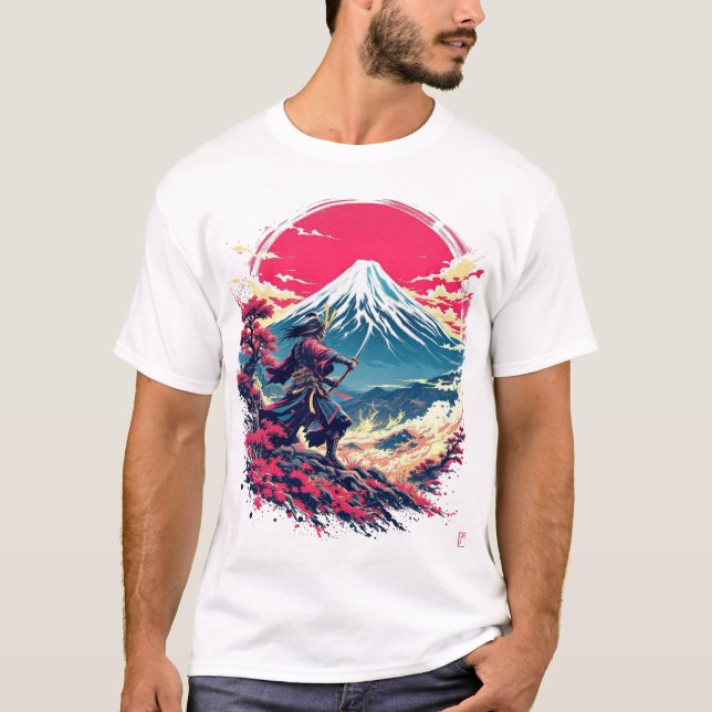 Samurai Warrior at Mount Fuji Japanese Art T-Shirt (Front)
